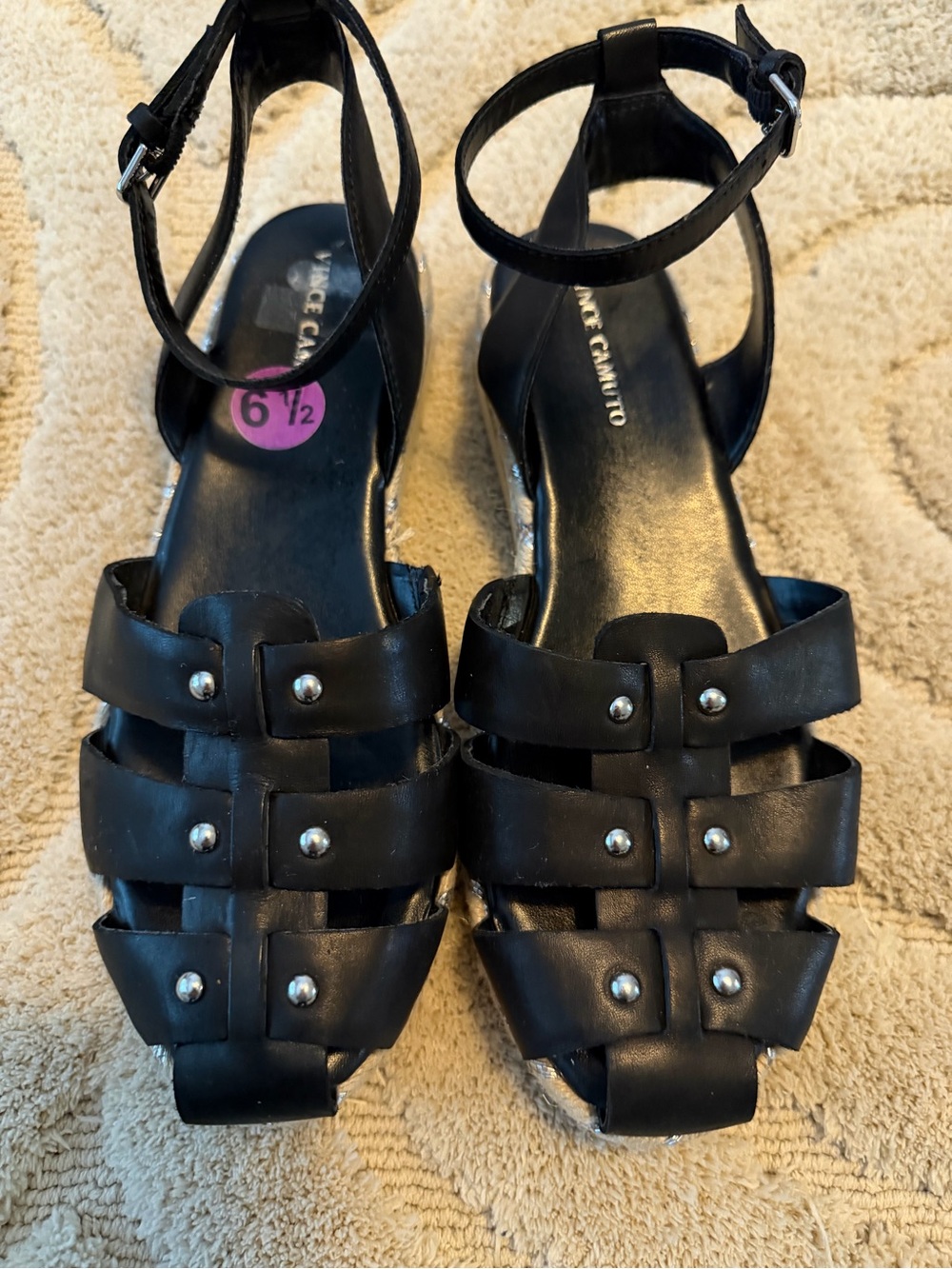 Vince Camuto Black Studded Woven Leather Ankle-Strap Sandals